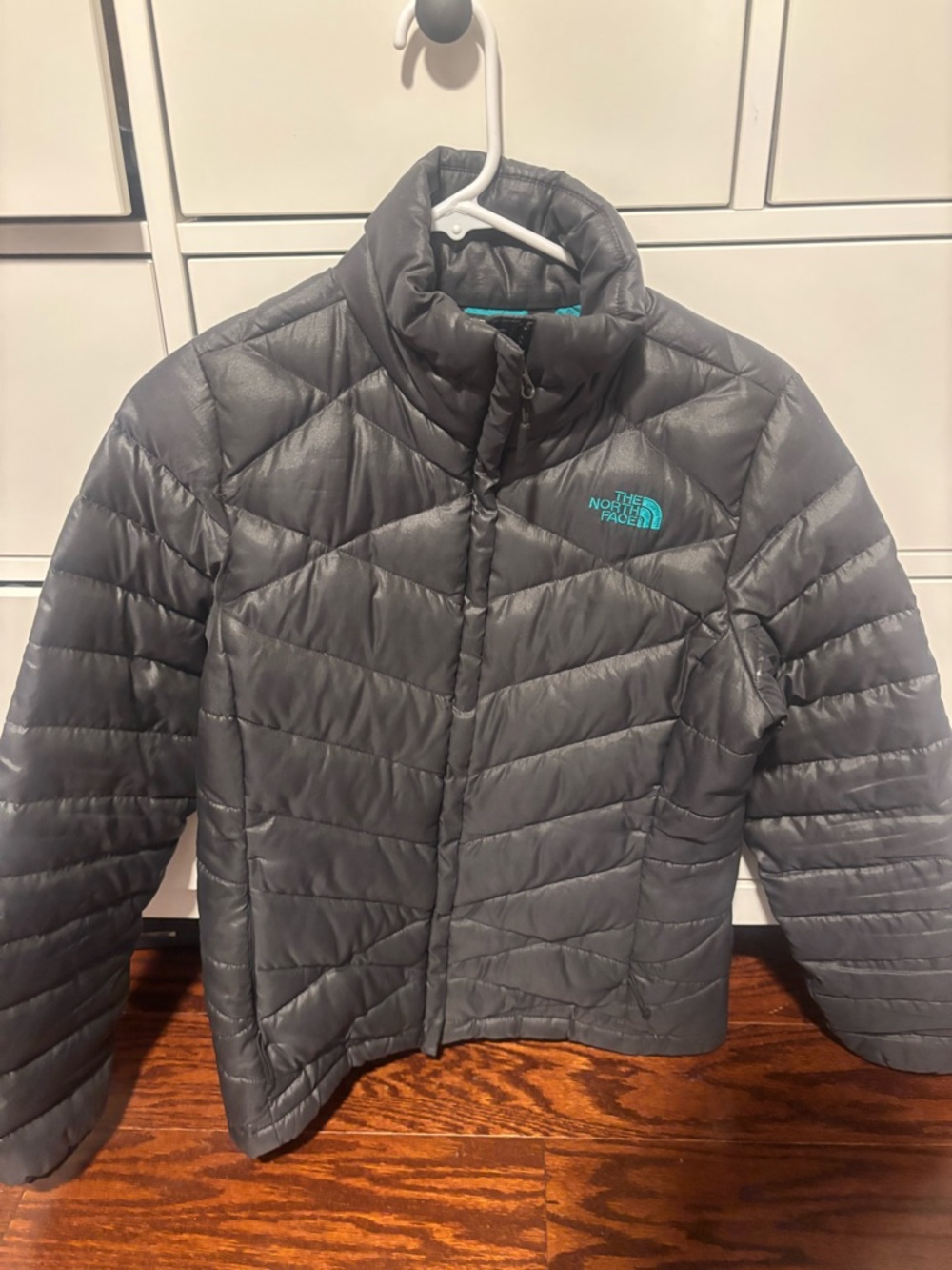 The North Face Charcoal Quilted Jacket with Teal Logo